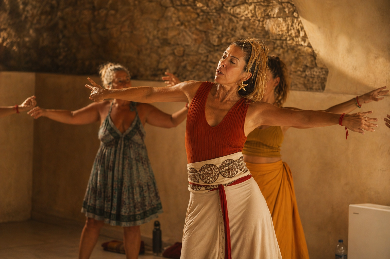 Núria Peguera guiando una práctica de Danza Útera con los brazos abiertos